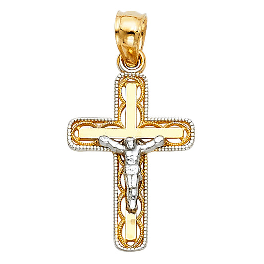 14K Two-Tone Gold Filigree Border Crucifix Pendant aprox 3/4" tall