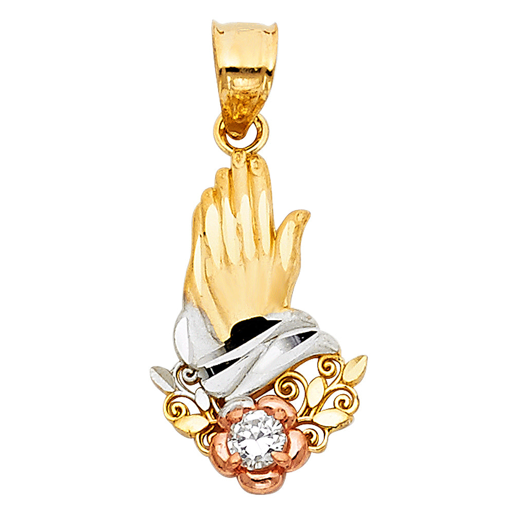 14K Tri-Color Gold Praying Hands CZ Pendant