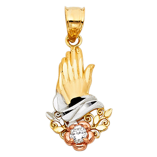 14K Tri-Color Gold Praying Hands CZ Pendant