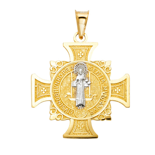 14K Two-Tone Gold Saint Benedict Medal Cross Pendant aprox 1 1/4" tall