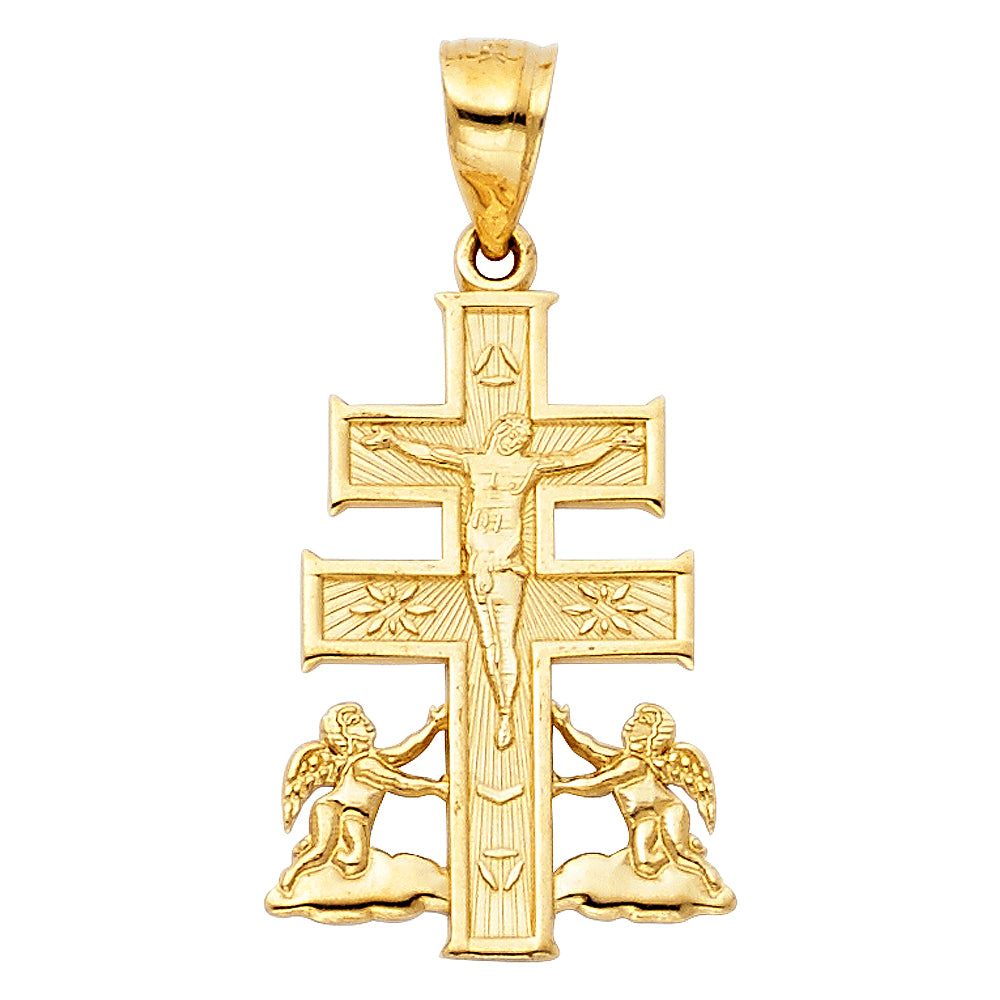 14K Yellow Gold Caravaca Cross Pendant with Angels 1" Tall