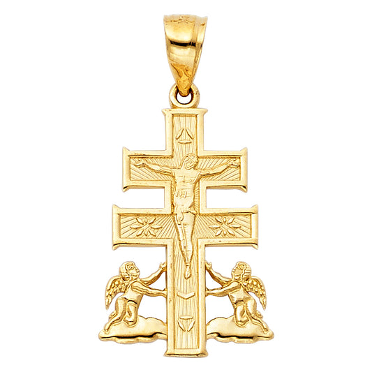 14K Yellow Gold Caravaca Cross Pendant with Angels 1" Tall