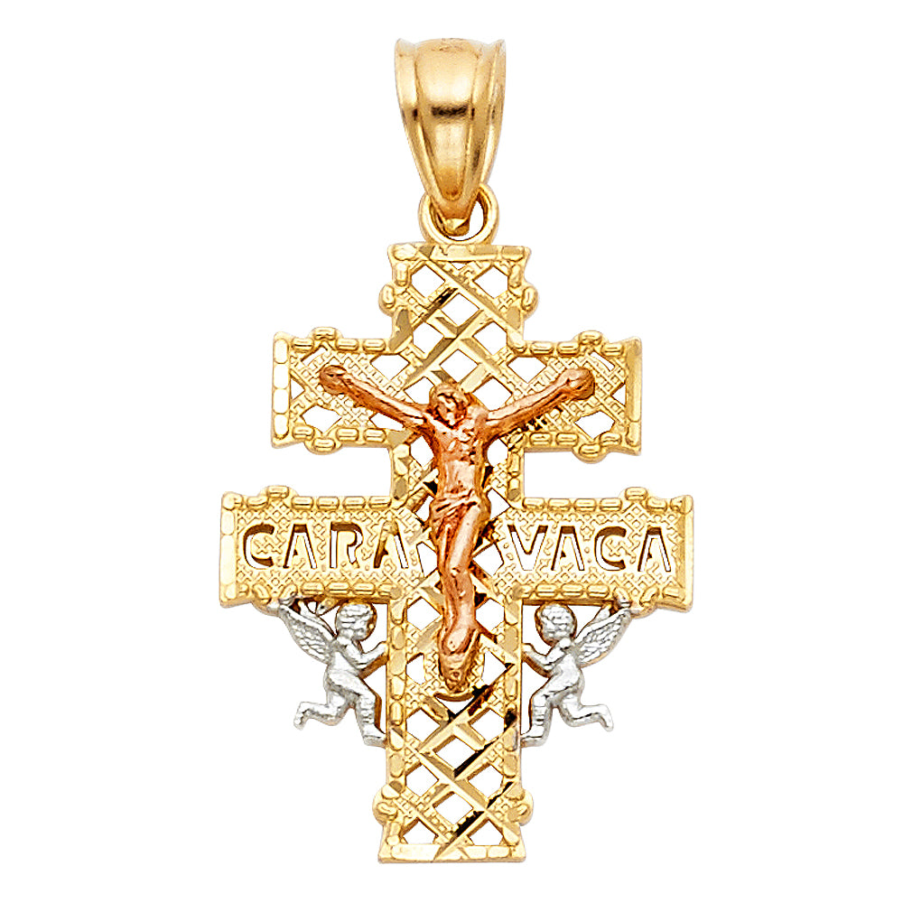 14K Tri-Color Gold Caravaca Cross Pendant 1" Tall