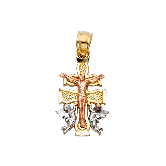 14K Tri-Color Gold Caravaca Cross Pendant 0.6" Tall