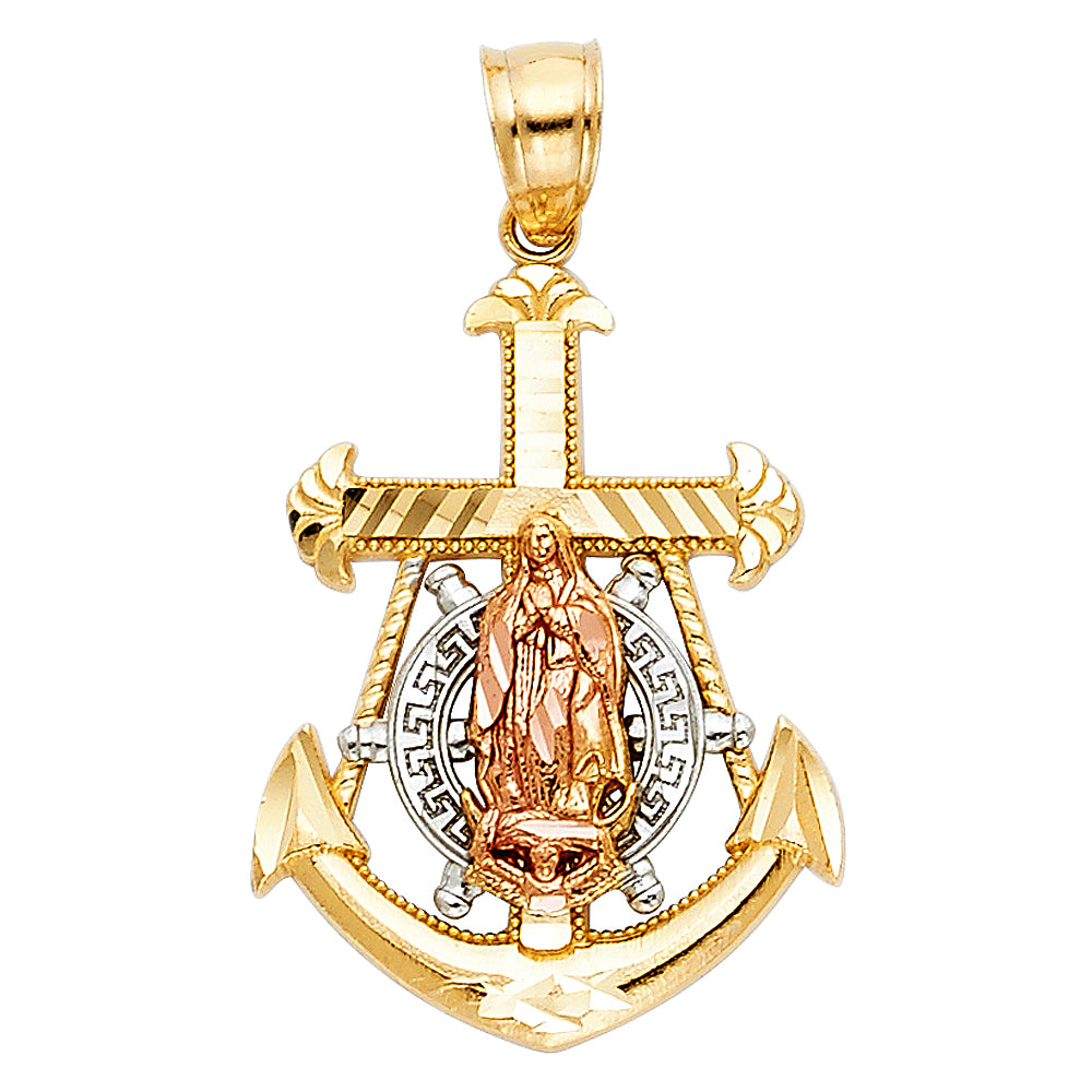 14K Tri-Color Gold Anchor with Virgin Mary Pendant 1" Tall