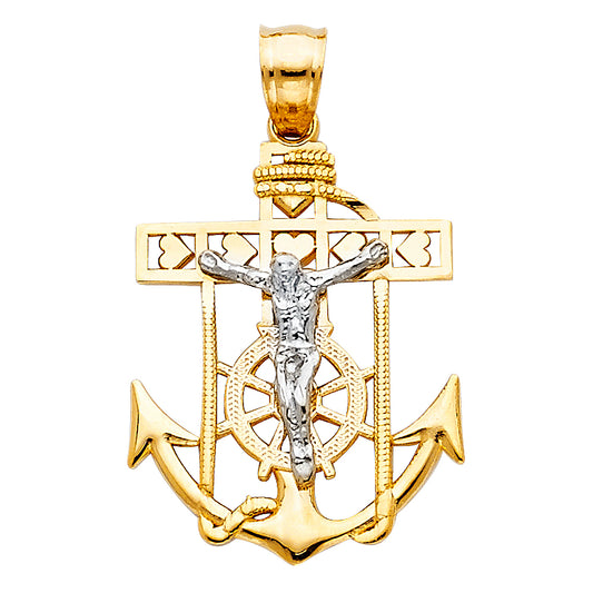 14K Two-Tone Gold Anchor and Crucifix Pendant 1" Tall