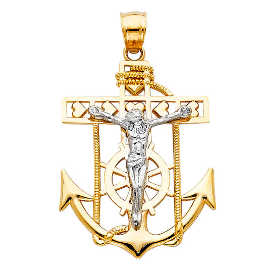 14K Two-Tone Gold Anchor and Crucifix Pendant 1.2" Tall