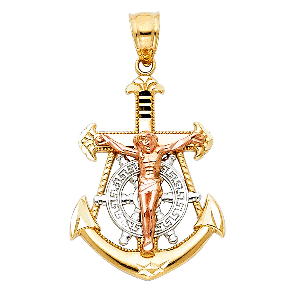 14K Tri-Color Gold Anchor Crucifix Pendant 1.2" Tall