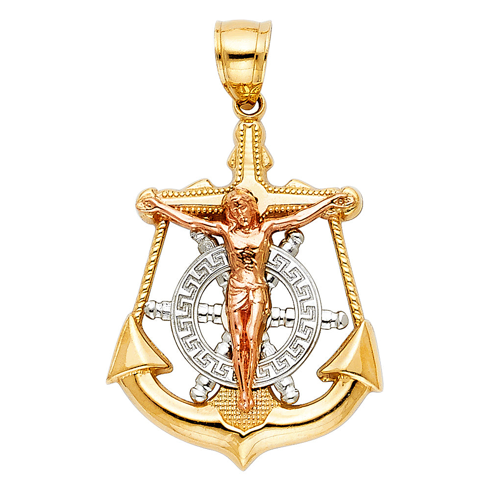 14K Tri-Color Gold Anchor Crucifix Pendant 1.4" Tall