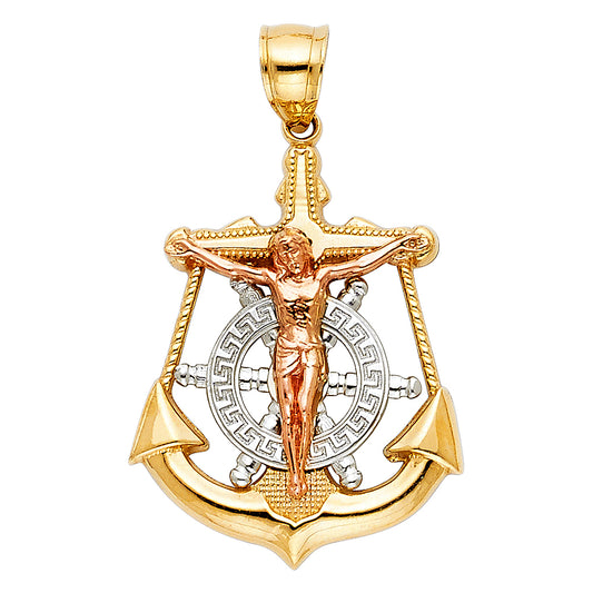 14K Tri-Color Gold Anchor Crucifix Pendant 1.4" Tall