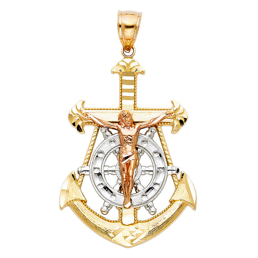 14K Tri-Color Gold Anchor Crucifix Pendant 1.8" Tall