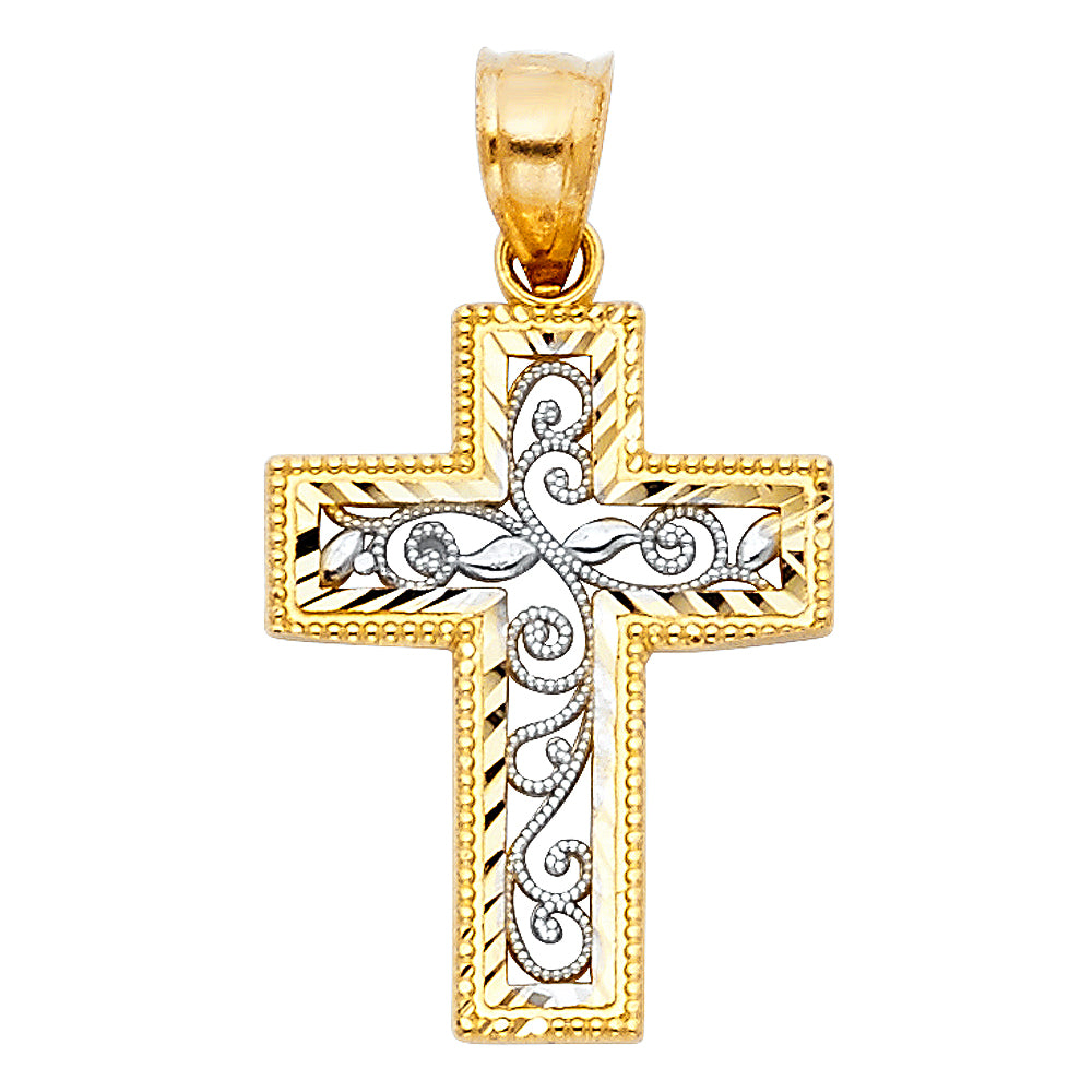 14K Two-Tone Gold Diamond-Cut Filigree Cross Pendant aprox 1" tall