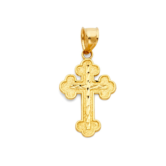 14K Yellow Gold Diamond-Cut Floral Tip Cross Pendant aprox 1" tall