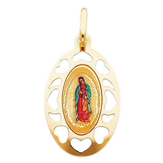 14K Yellow Gold Oval Virgin of Guadalupe Filigree Heart Enamel Medal Pendant