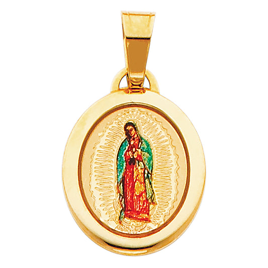 14K Yellow Gold Oval Virgin of Guadalupe Enamel Medal Pendant with Large Bail