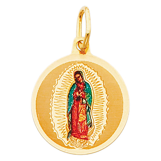 14K Yellow Gold Round Virgin of Guadalupe Enamel Medal Pendant