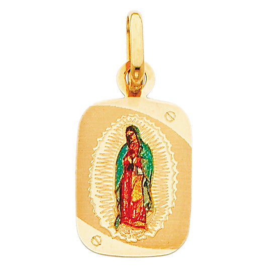 14K Yellow Gold Rectangular Virgin of Guadalupe Enamel Medal Pendant