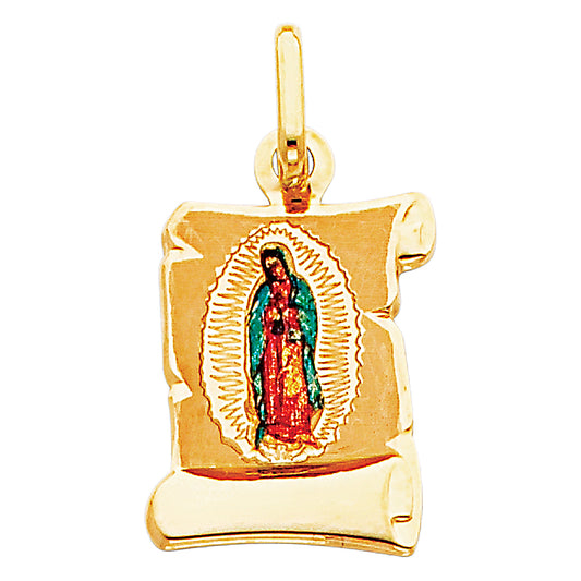 14K Yellow Gold Virgin of Guadalupe Scroll Enamel Pendant