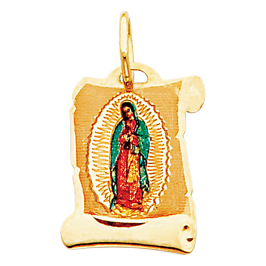 14K Yellow Gold Virgin of Guadalupe Scroll Enamel Pendant