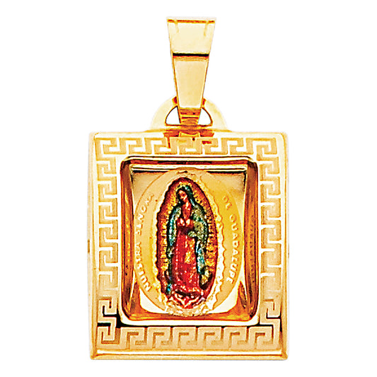 14K Yellow Gold Square Virgin of Guadalupe Greek Key Enamel Medal Pendant with Large Bail