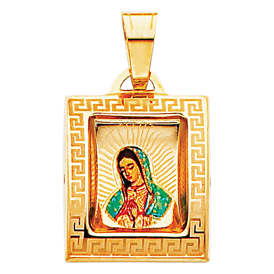 14K Yellow Gold Square Virgin of Guadalupe Greek Key Enamel Medal Pendant with Large Bail