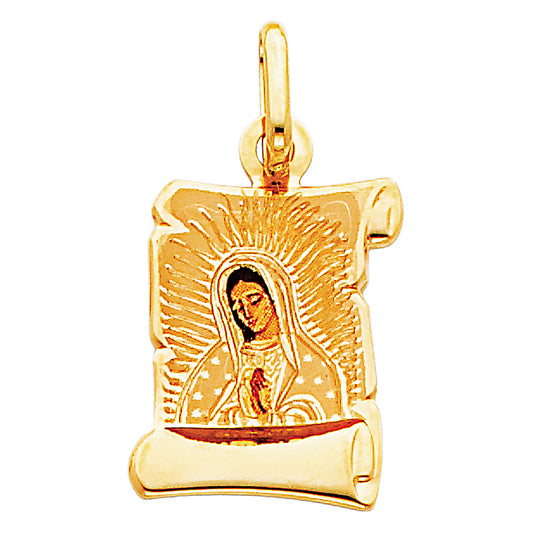 14K Yellow Gold Virgin of Guadalupe Scroll Pendant