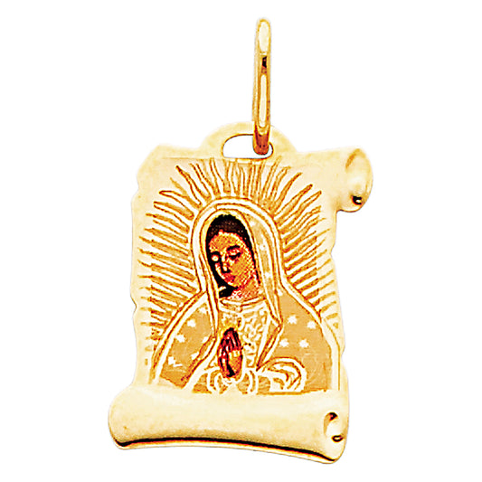 14K Yellow Gold Virgin of Guadalupe Scroll Pendant