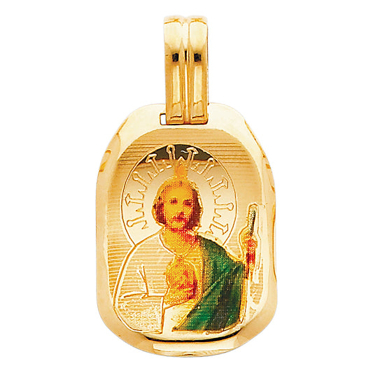 14K Yellow Gold Rectangular Saint Jude Enamel Medal Pendant with Large Bail
