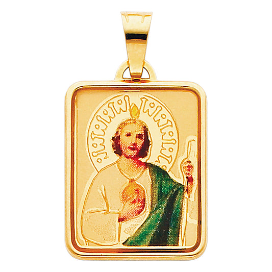 14K Yellow Gold Square Saint Jude Enamel Medal Pendant with Large Bail