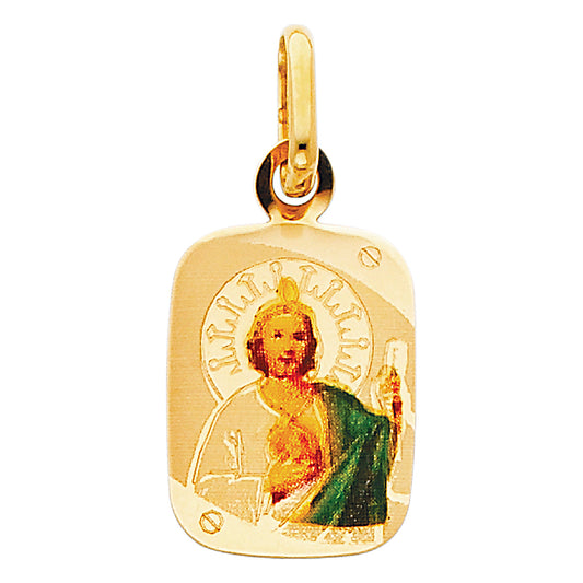 14K Yellow Gold Rectangular Saint Jude Enamel Medal Pendant