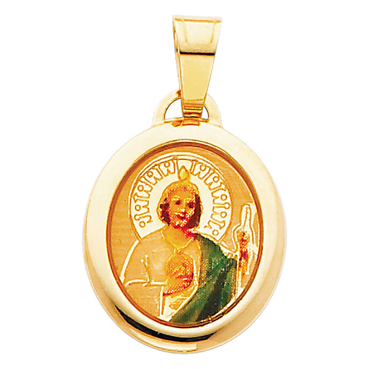 14K Yellow Gold Round Saint Jude Enamel Medal Pendant with Large Bail