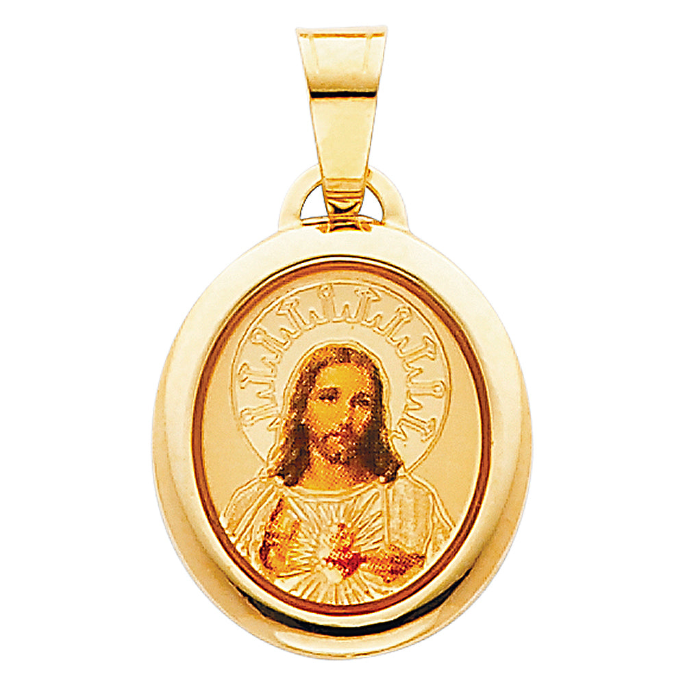 14K Yellow Gold Sacred Heart of Jesus Oval Medal Pendant with Large Bail