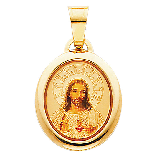 14K Yellow Gold Sacred Heart of Jesus Oval Medal Pendant with Large Bail