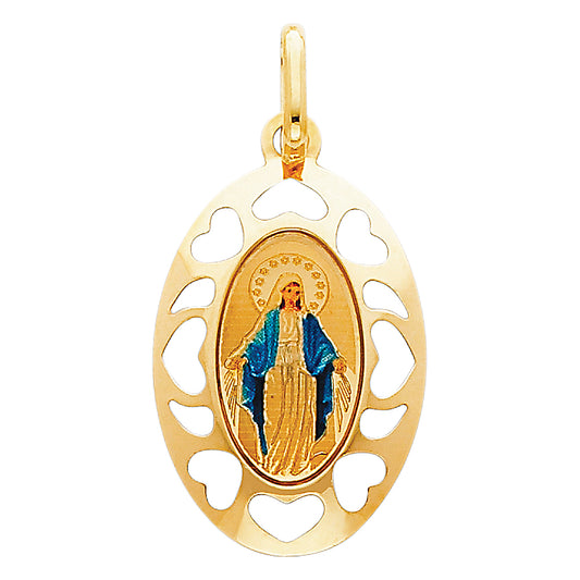 14K Yellow Gold Oval Miraculous Virgin Mary Filigree Heart Enamel Medal Pendant