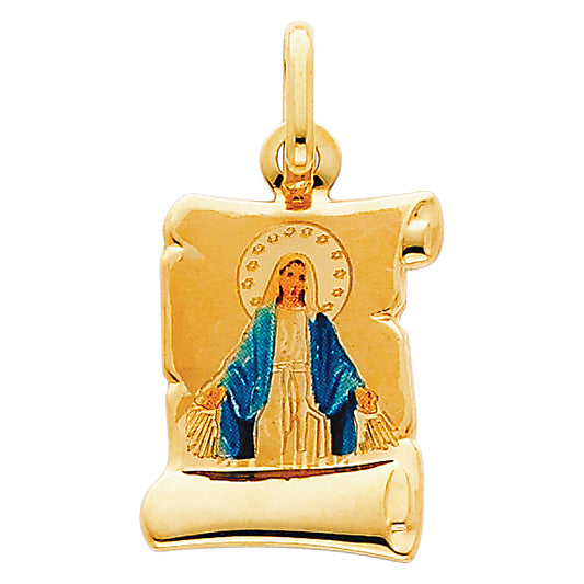 14K Yellow Gold Miraculous Virgin Mary Scroll Enamel Pendant