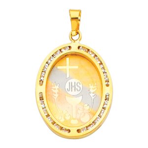 14K Tri-Color Gold Oval First Communion CZ Medal Pendant
