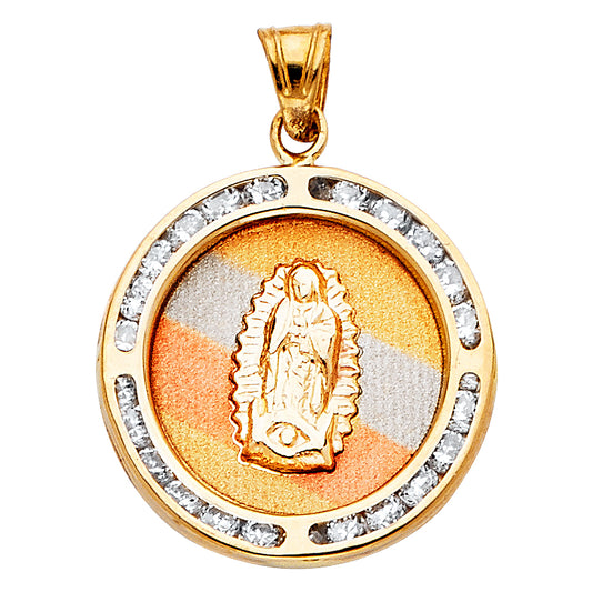 14K Tri-Color Gold Round Virgin Guadalupe CZ Medallion Pendant aprox 3/4" tall