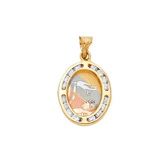 14K Tri-Color Gold Oval Baptism CZ Medal Pendant