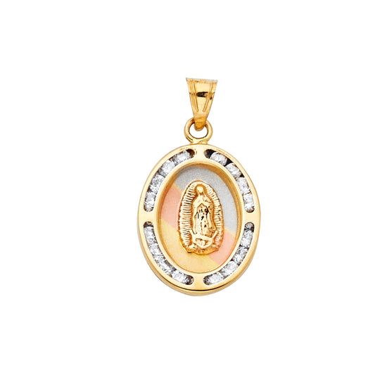14K Tri-Color Gold Oval Virgin Guadalupe CZ Medallion Pendant aprox 3/4" tall