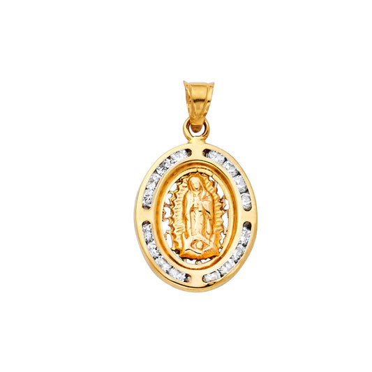 14K Two-Tone Gold Oval Virgin Guadalupe CZ Medallion Pendant aprox 3/4" tall
