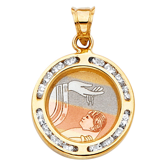 14K Tri-Color Gold Round Baptism CZ Medal Pendant