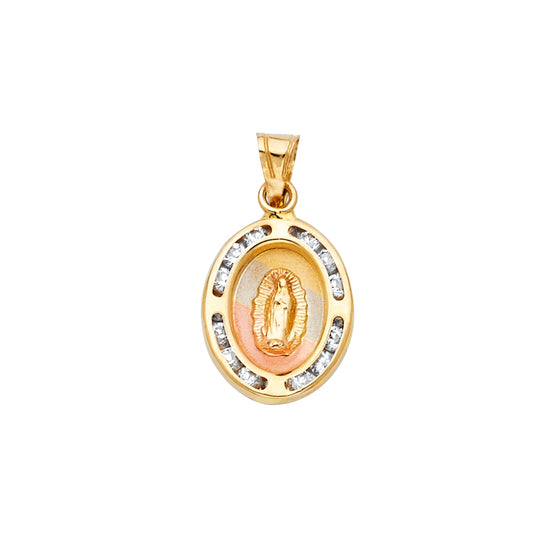 14K Tri-Color Gold Oval Virgin Guadalupe CZ Medallion Pendant aprox 1/2" tall