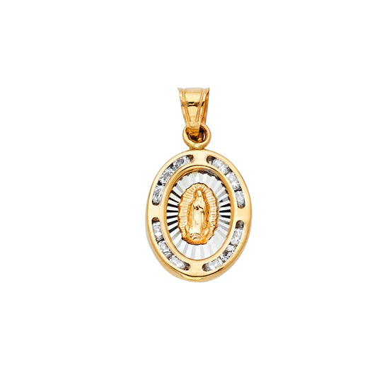 14K Two-Tone Gold Oval Virgin Guadalupe CZ Medallion Pendant aprox 1/2" tall