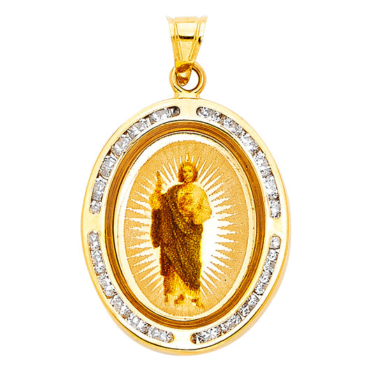 14K Yellow Gold Oval Saint Jude CZ Medal Pendant