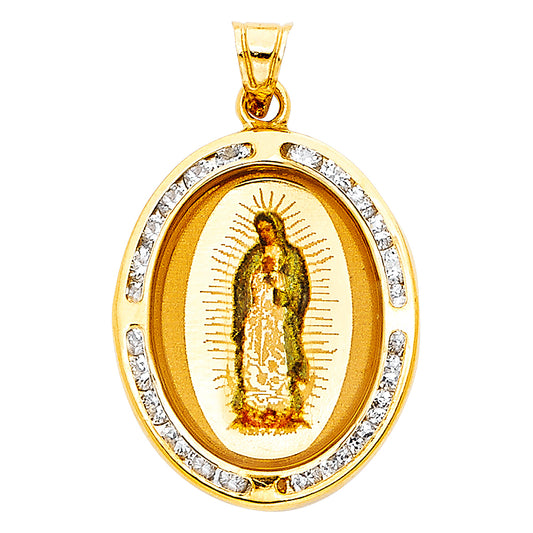 14K Yellow Gold Oval Virgin Guadalupe CZ Medal Pendant