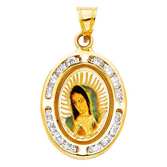 14K Yellow Gold Oval Virgin Guadalupe CZ Medal Pendant