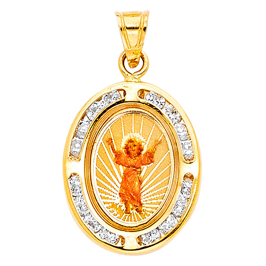 14K Yellow Gold Oval Holy Infant CZ Medal Pendant