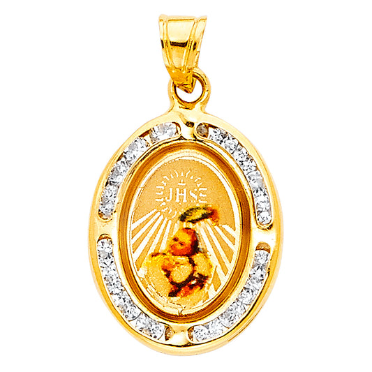 14K Yellow Gold Oval Baptism CZ Medal Pendant