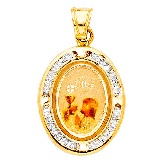 14K Yellow Gold Oval Girl First Communion CZ Medal Pendant