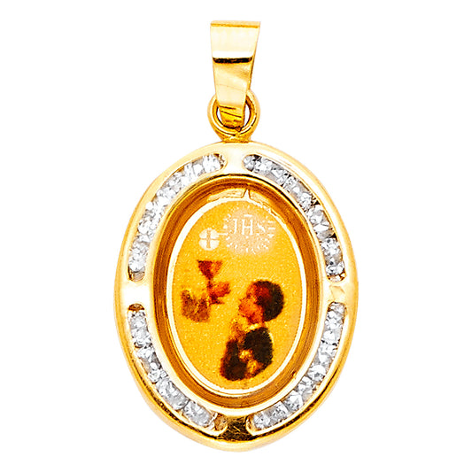 14K Yellow Gold Oval First Boy Communion CZ Medal Pendant